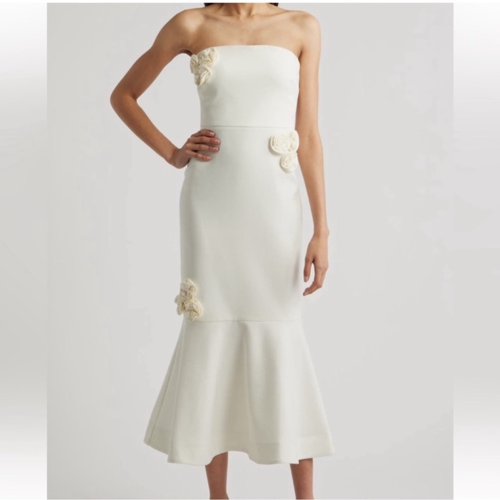 Likely Cream Strapless Midi Dress with Floral Appliqués